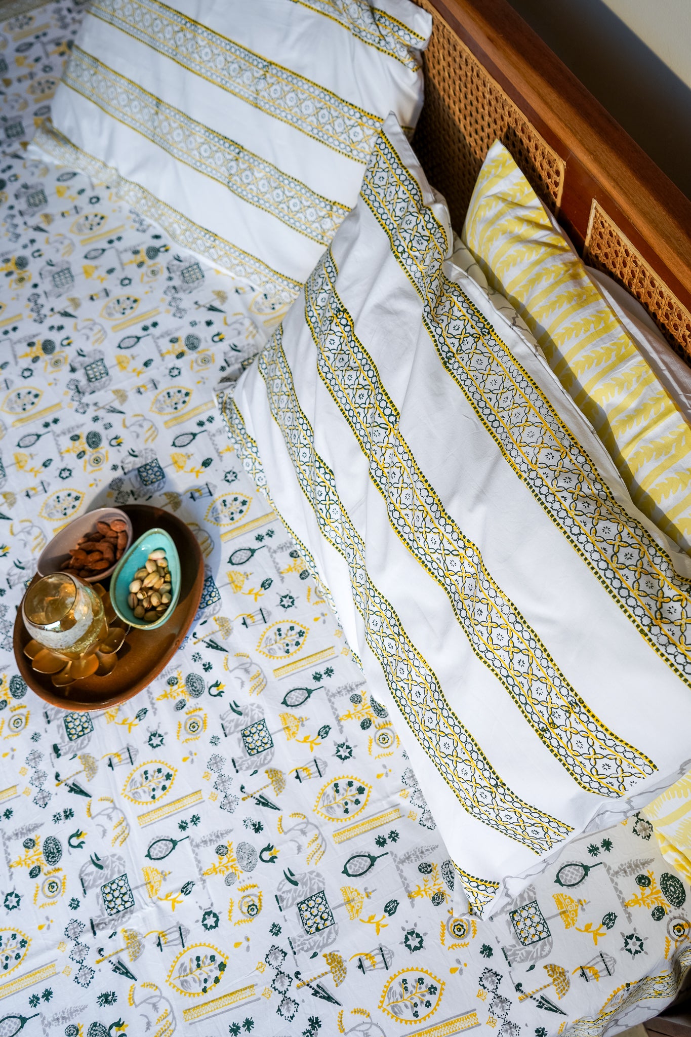 Grey green and yellow  scattered ethnic bedsheet set