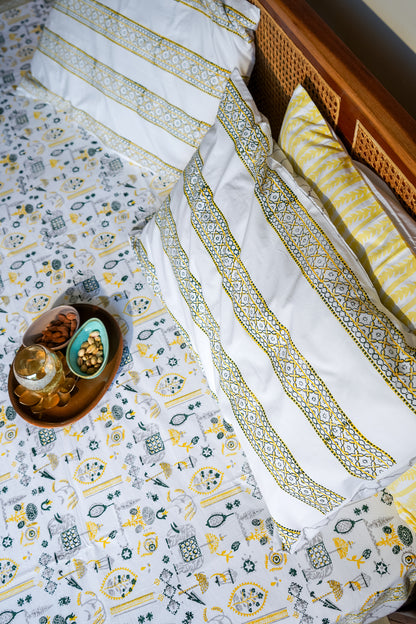 Grey green and yellow  scattered ethnic bedsheet set