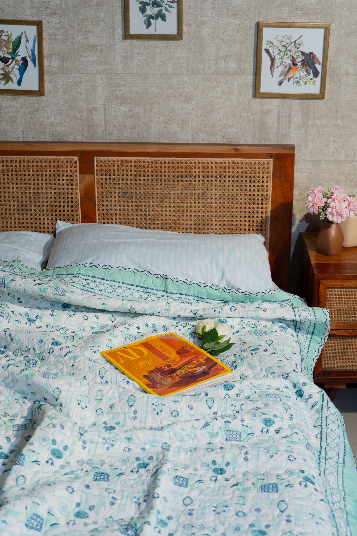 Blue and sea green scattered ethnic mulmul quilt