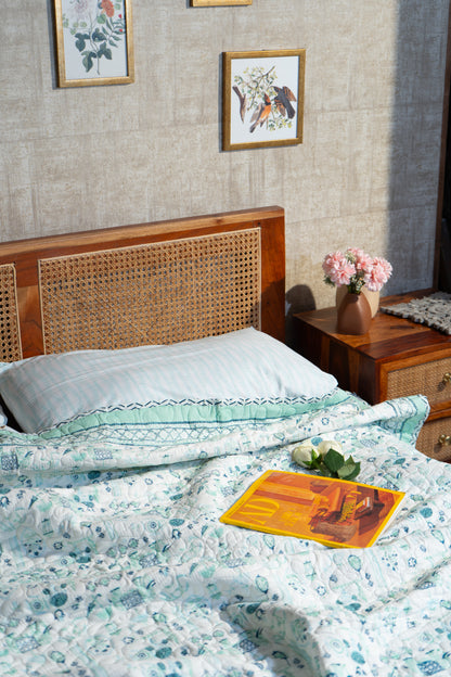 Blue and sea green scattered ethnic mulmul quilt