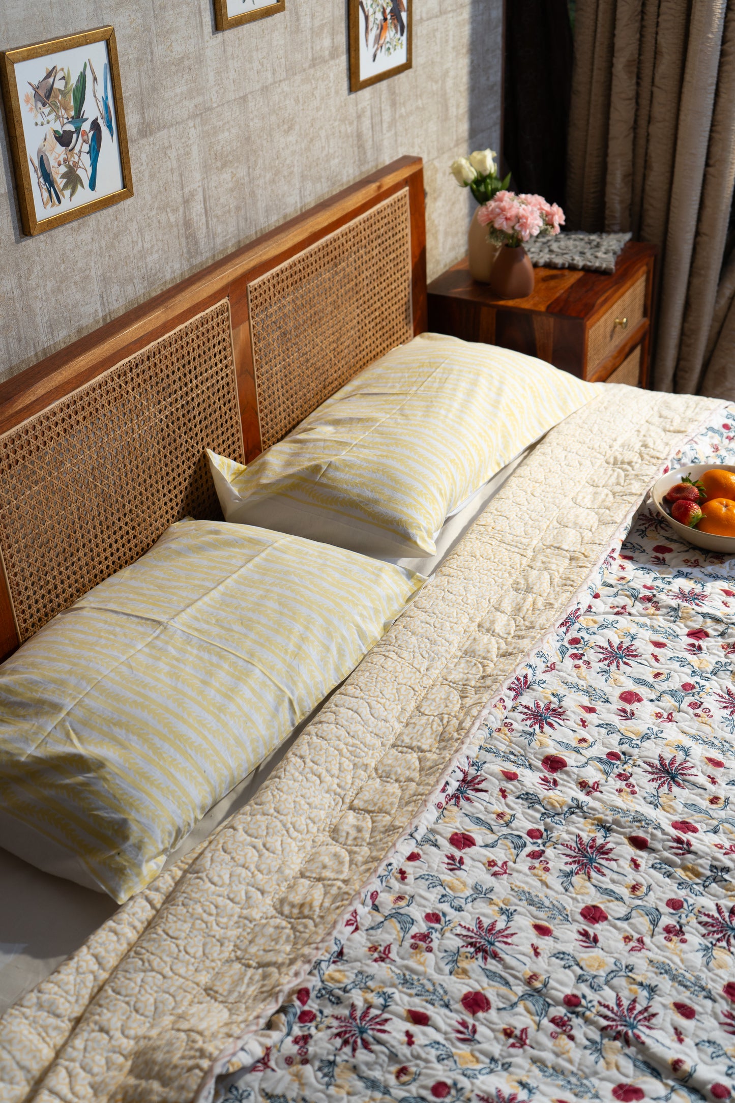 Magenta yellow and blue nariyal tree mulmul quilt (scattered floral)