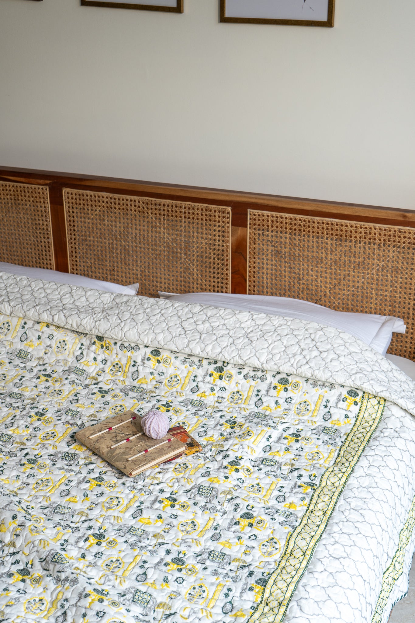 Grey green and yellow scattered ethnic mulmul quilt
