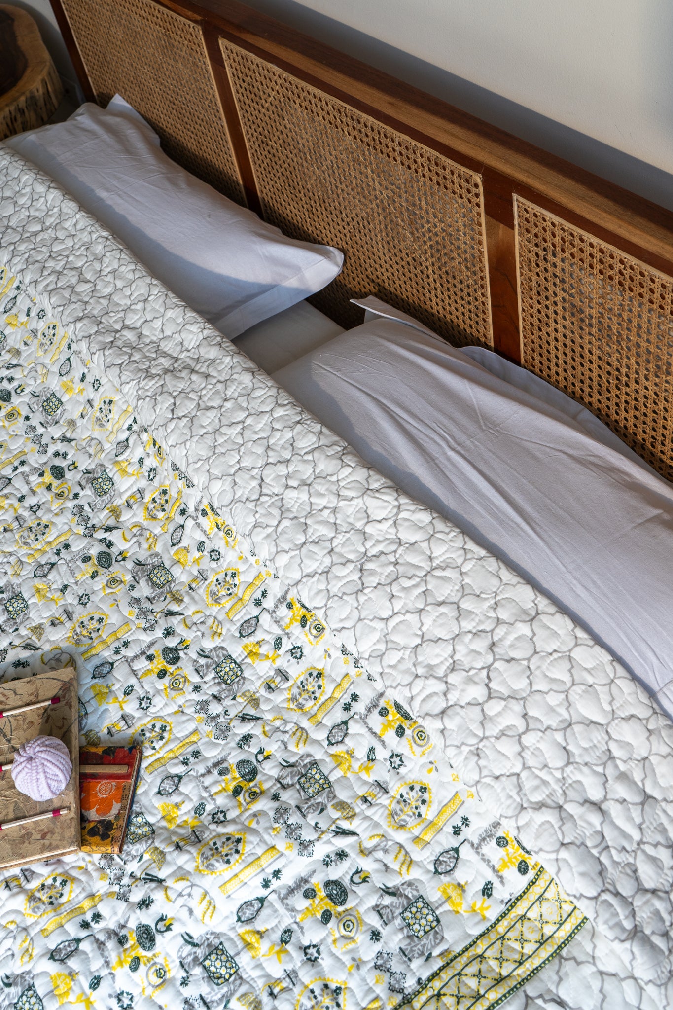 Grey green and yellow scattered ethnic mulmul quilt