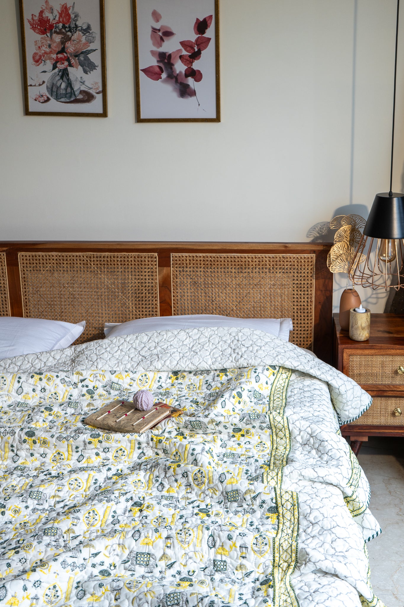 Grey green and yellow scattered ethnic mulmul quilt