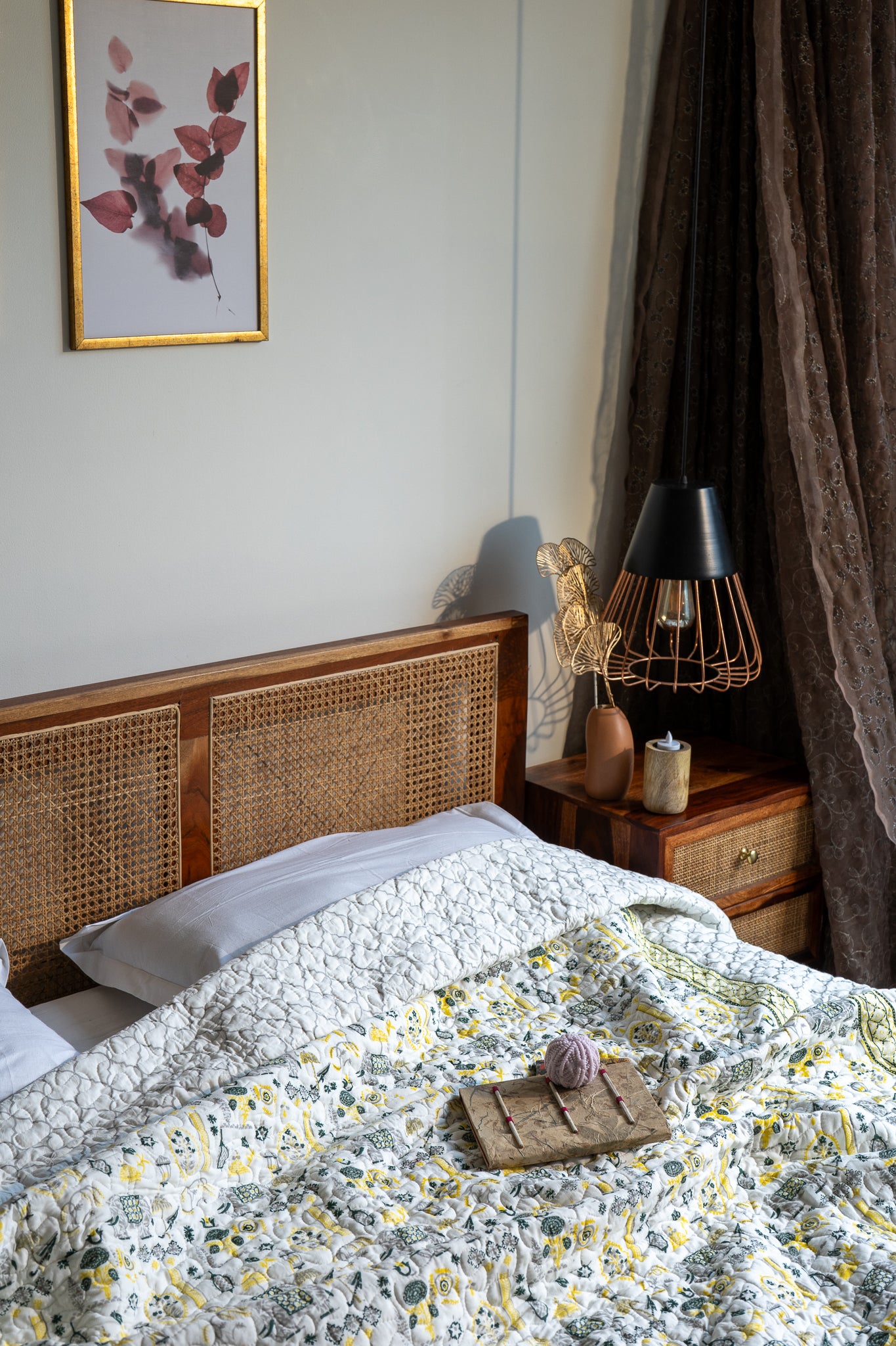 Grey green and yellow scattered ethnic mulmul quilt