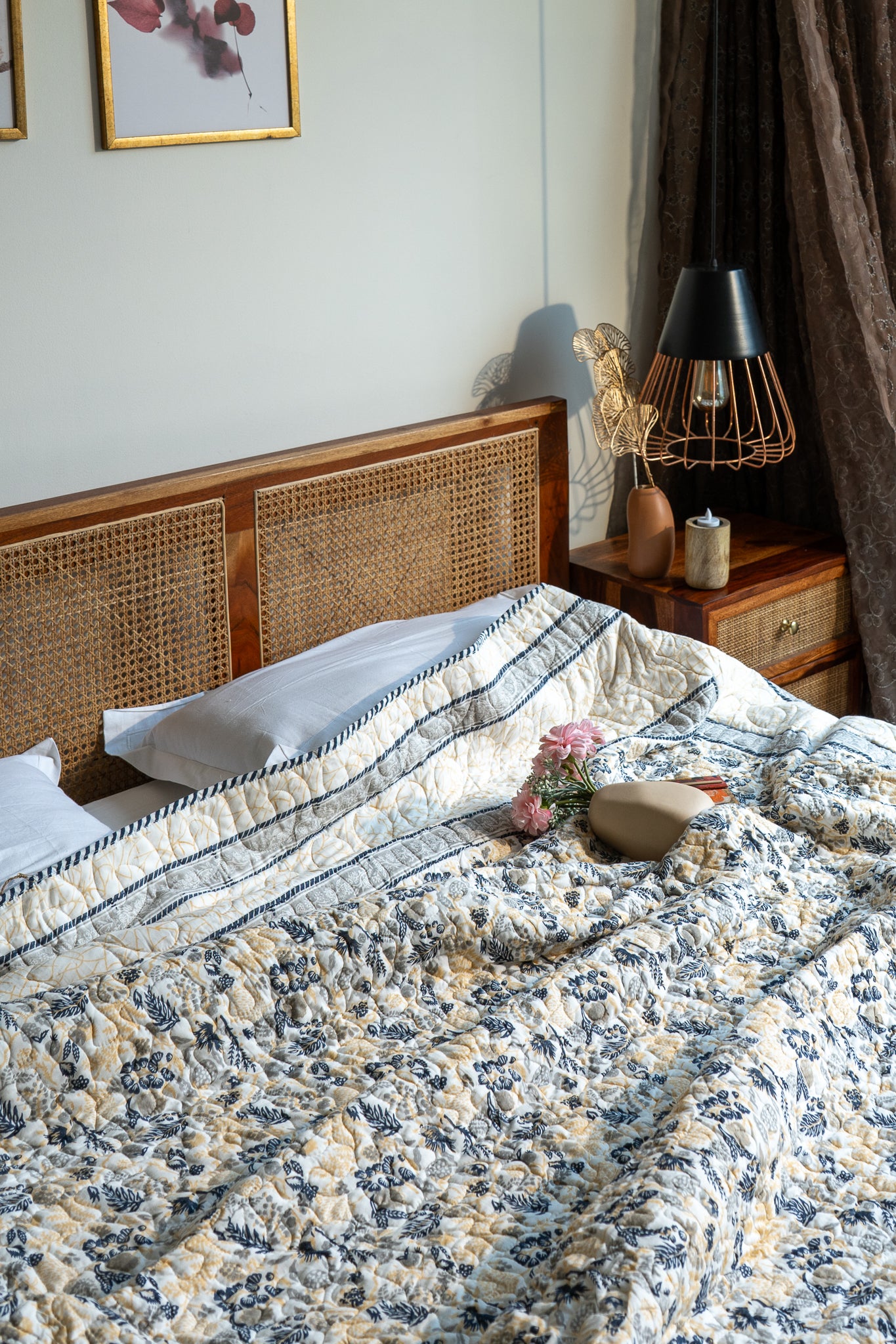 Blue grey and yellow kamal phool mulmul quilt (floral jaal)