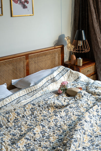 Blue grey and yellow kamal phool mulmul quilt (floral jaal)