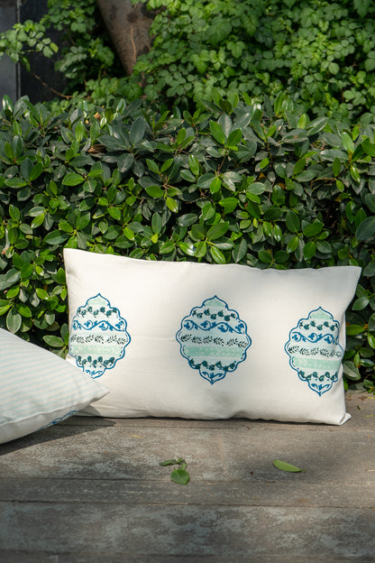 Blue and green heera jaal cushion cover