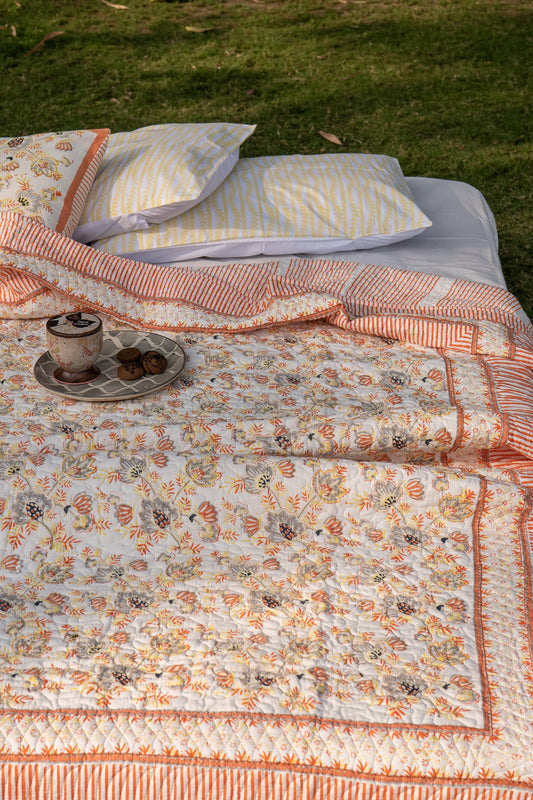 Grey and orange patte pe patta mulmul quilt