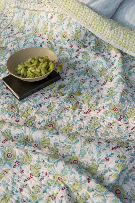 Lime and blue phal aur phool mulmul quilt