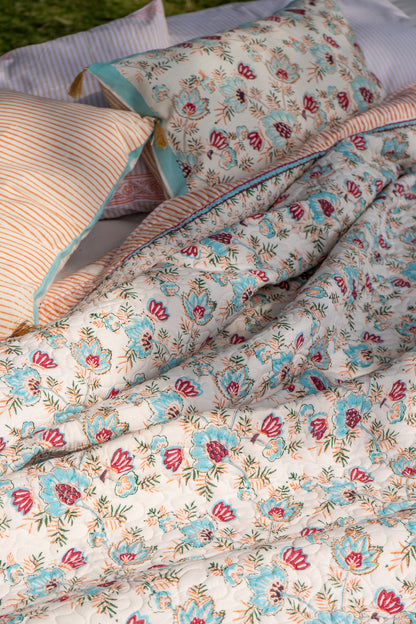 Blue and magenta patte pe patta mulmul quilt