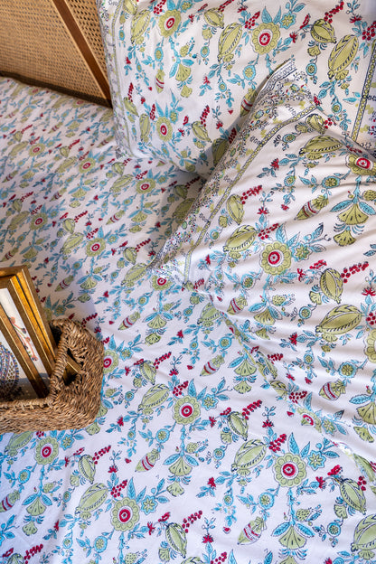 Lime and blue phal aur phool bedsheet set