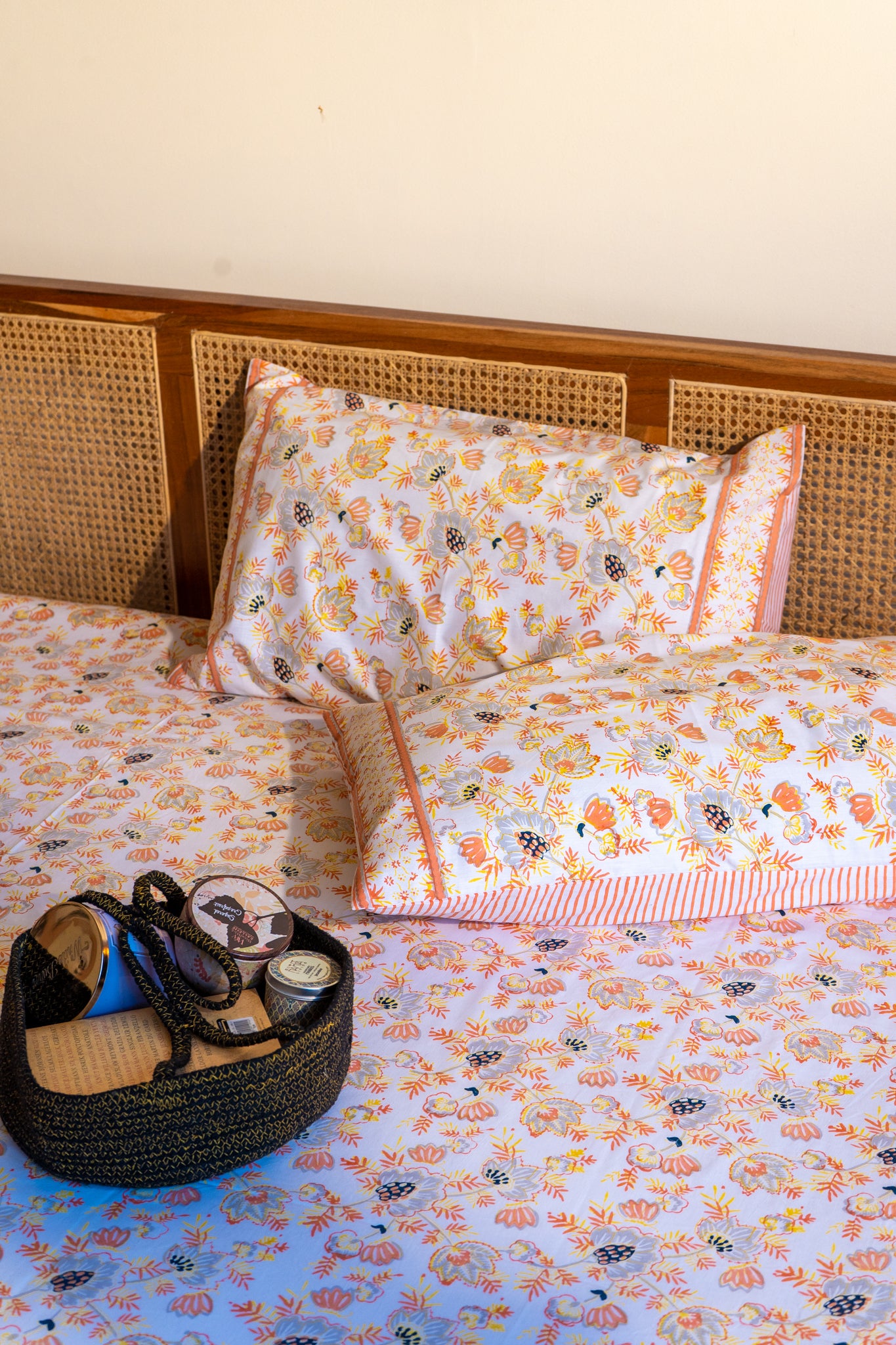 Grey and orange patte pe patta bedsheet set