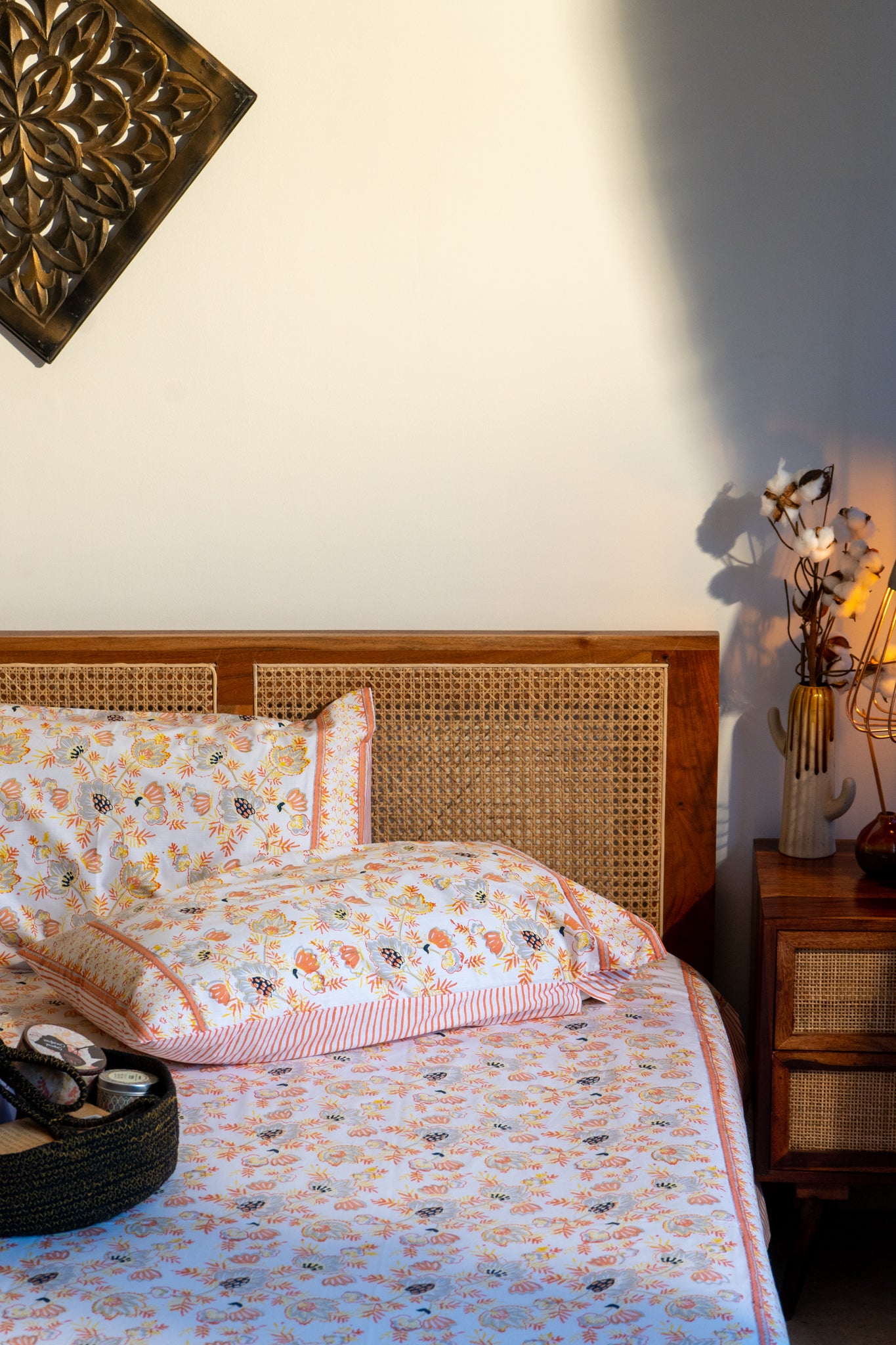 Grey and orange patte pe patta bedsheet set