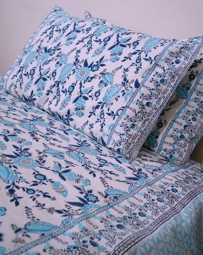 Blue and grey phal aur phool bedsheet set
