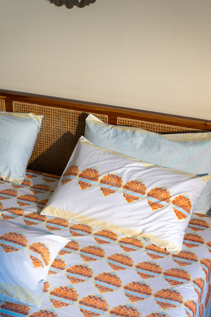 Blue yellow and orange heera jaal bedsheet set
