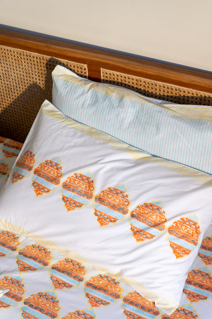 Blue yellow and orange heera jaal bedsheet set