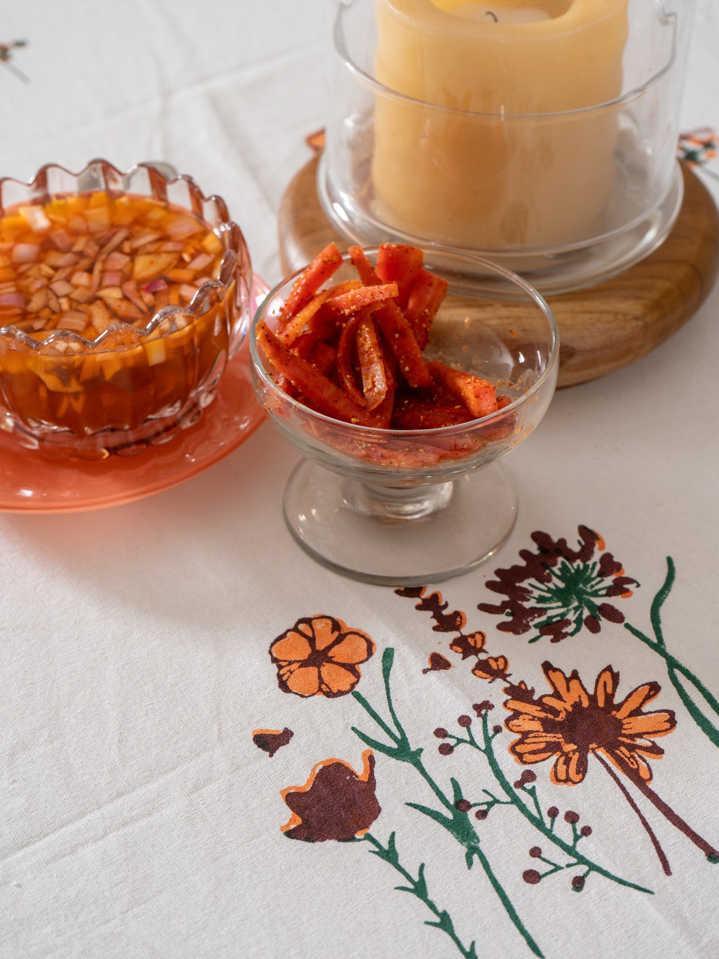 Maroon orange blooming flowers table cover