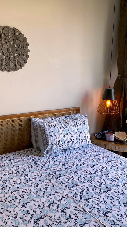 Blue and grey phal aur phool bedsheet set