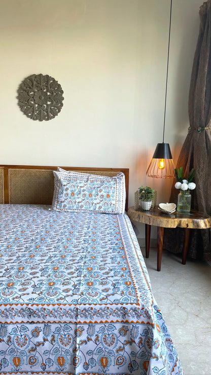 Blue grey and orange arabic motif bedsheet set
