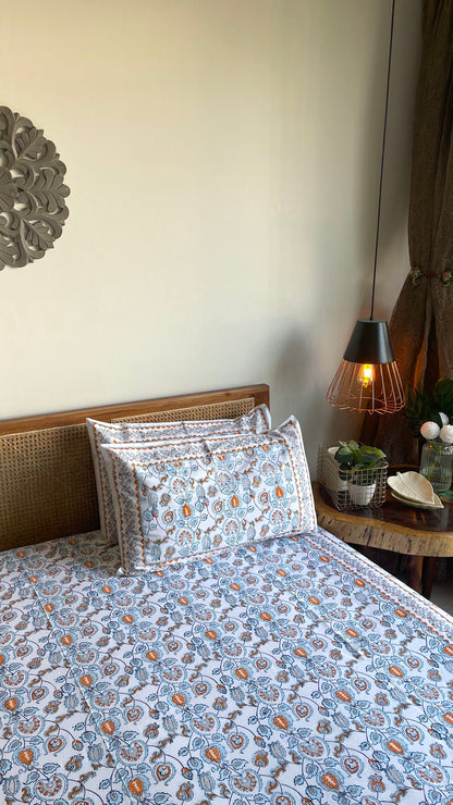 Blue grey and orange arabic motif bedsheet set