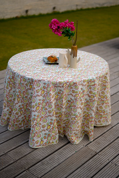 Peach yellow and parrot arabic motif round table cover